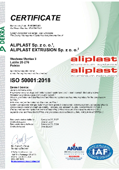 Aliplast 50001-2018 TANÚSÍTVÁNY