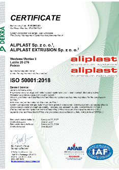 Aliplast 50001-2018 Certificate Reissued April 25, 2023