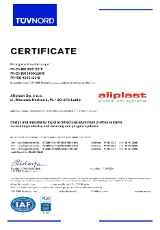 Aliplast Aluminium Systems ISO 9001, 14001, 45001 - EN - TANÚSÍTVÁNY