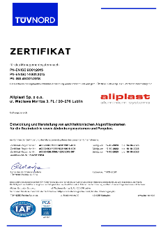 Aliplast Aluminium Systems ISO 9001, 14001, 45001 - DE - TANÚSÍTVÁNY