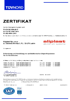 Aliplast Aluminium Systems ISO 9001; 14001; 45001 - DE - TANÚSÍTVÁNY