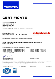 Aliplast Aluminium Systems ISO 9001, 14001, 45001 - EN - TANÚSÍTVÁNY